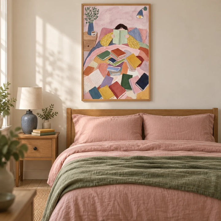 Woman Reading In Bed Art Print, framed on the wall of a quiet bedroom in a UK terraced home with warm white walls and pale wooden floorboards