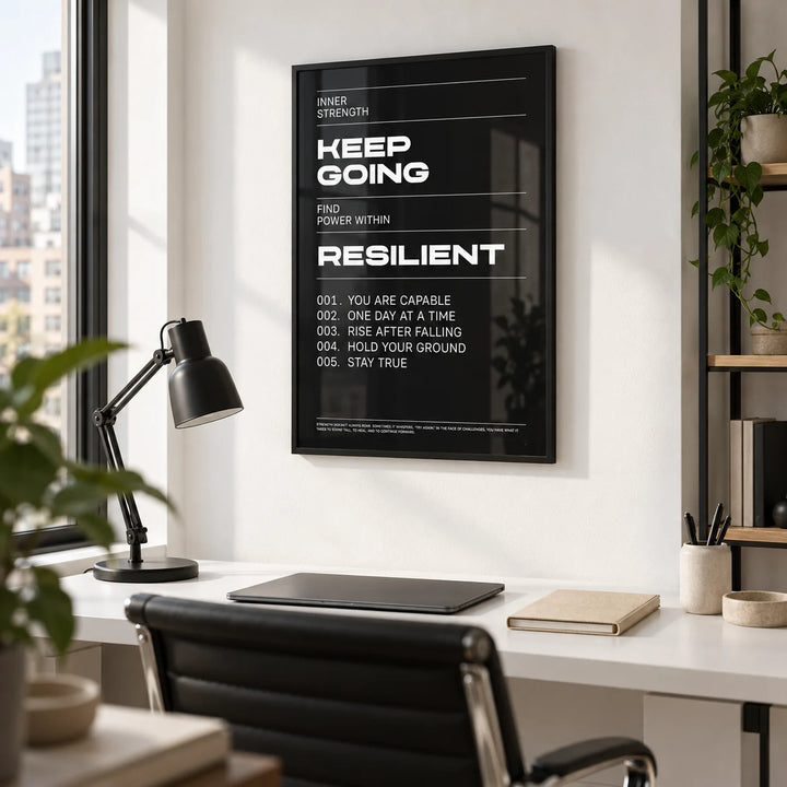 Work Hard Wall Art, framed on the wall of a modern home office in a city flat