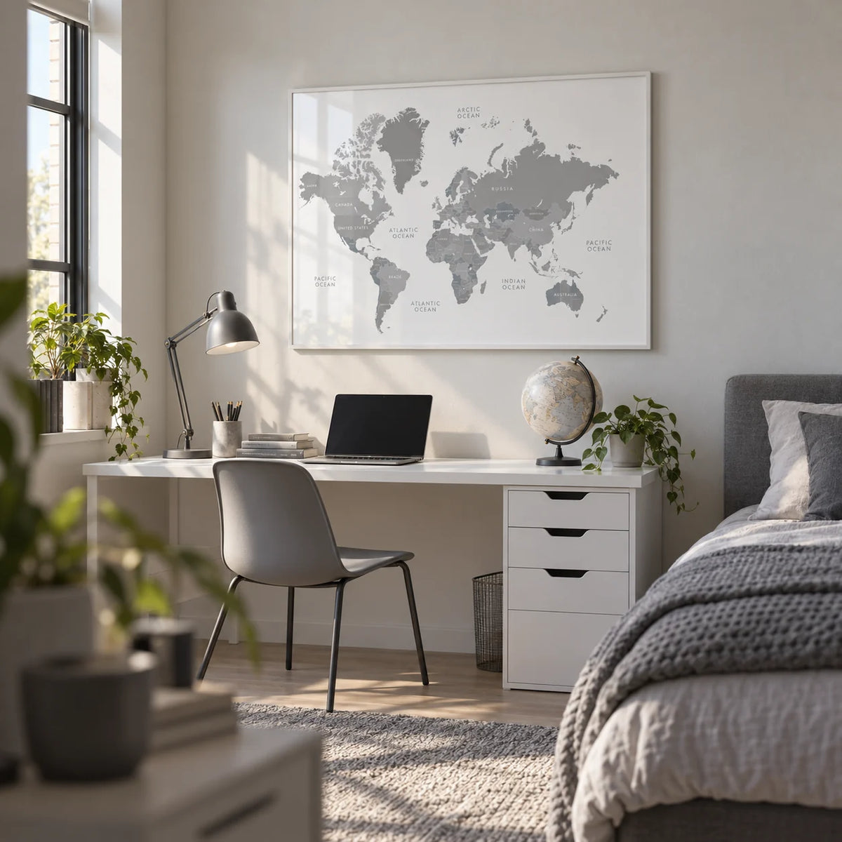 World Map Art, framed on the wall of a calm teen's bedroom (age 13-17)
