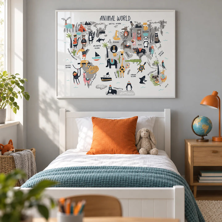 World Map For Kids, framed on the wall of a bright child's bedroom with a soft grey painted wall