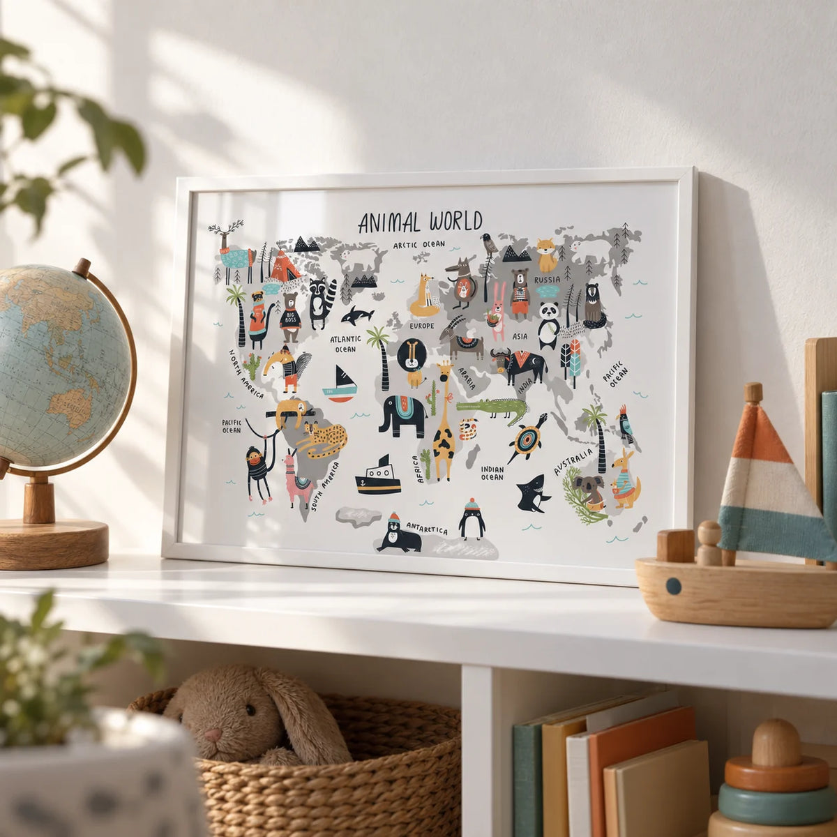 World Map For Kids, a small A4 framed print leaning on a white kids' shelf