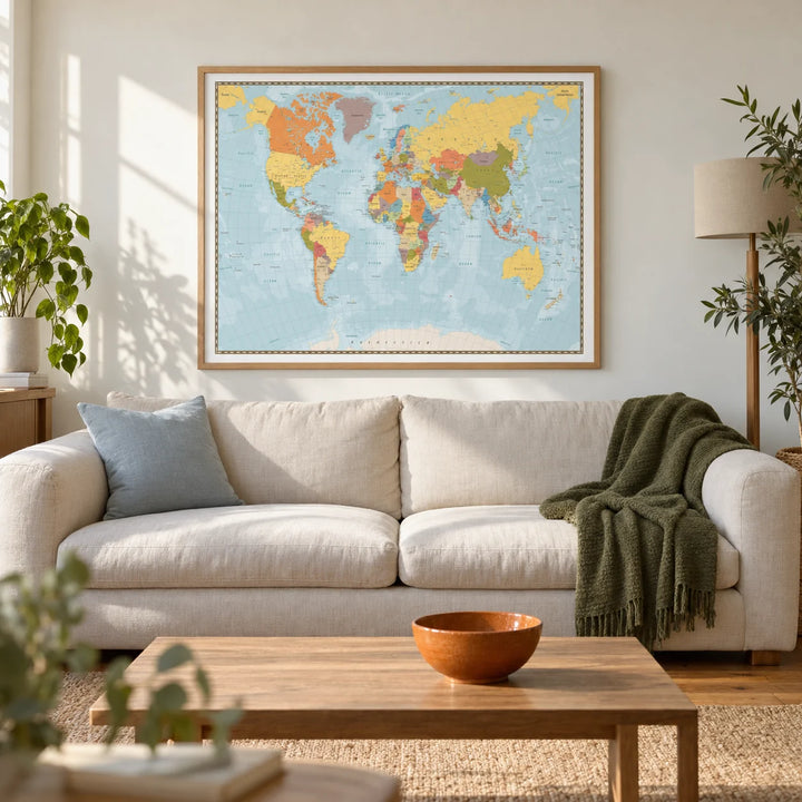 World Map Print, framed on the wall of a relaxed living room in a UK first home for a travel-loving couple (25-35)