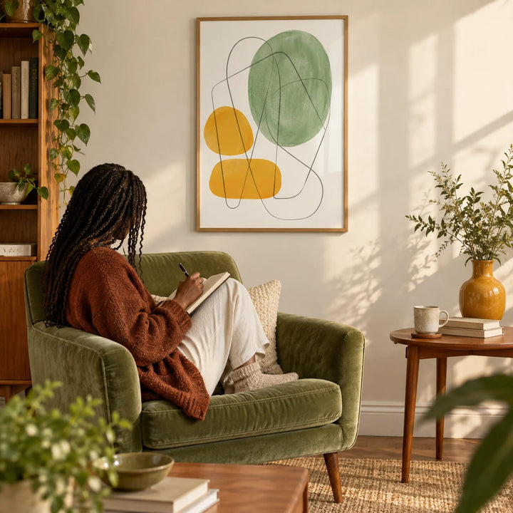 Yellow And Green Print, framed on the wall of a warm mid-century living room with a soft white wall
