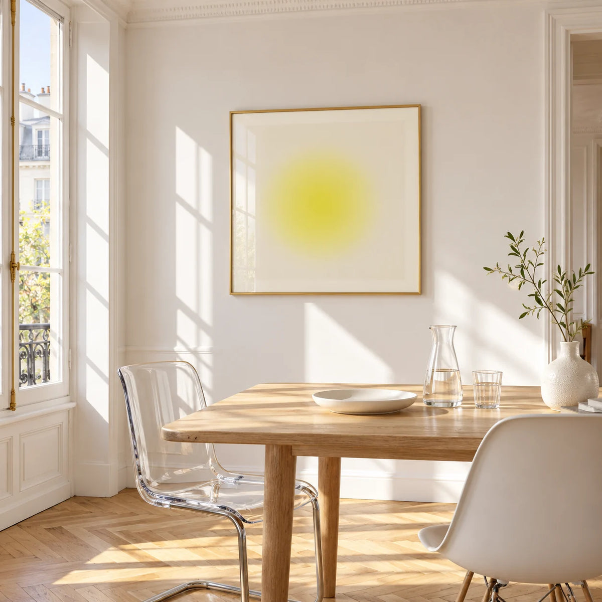 Yellow Wall Art, framed on the wall of a bright dining corner