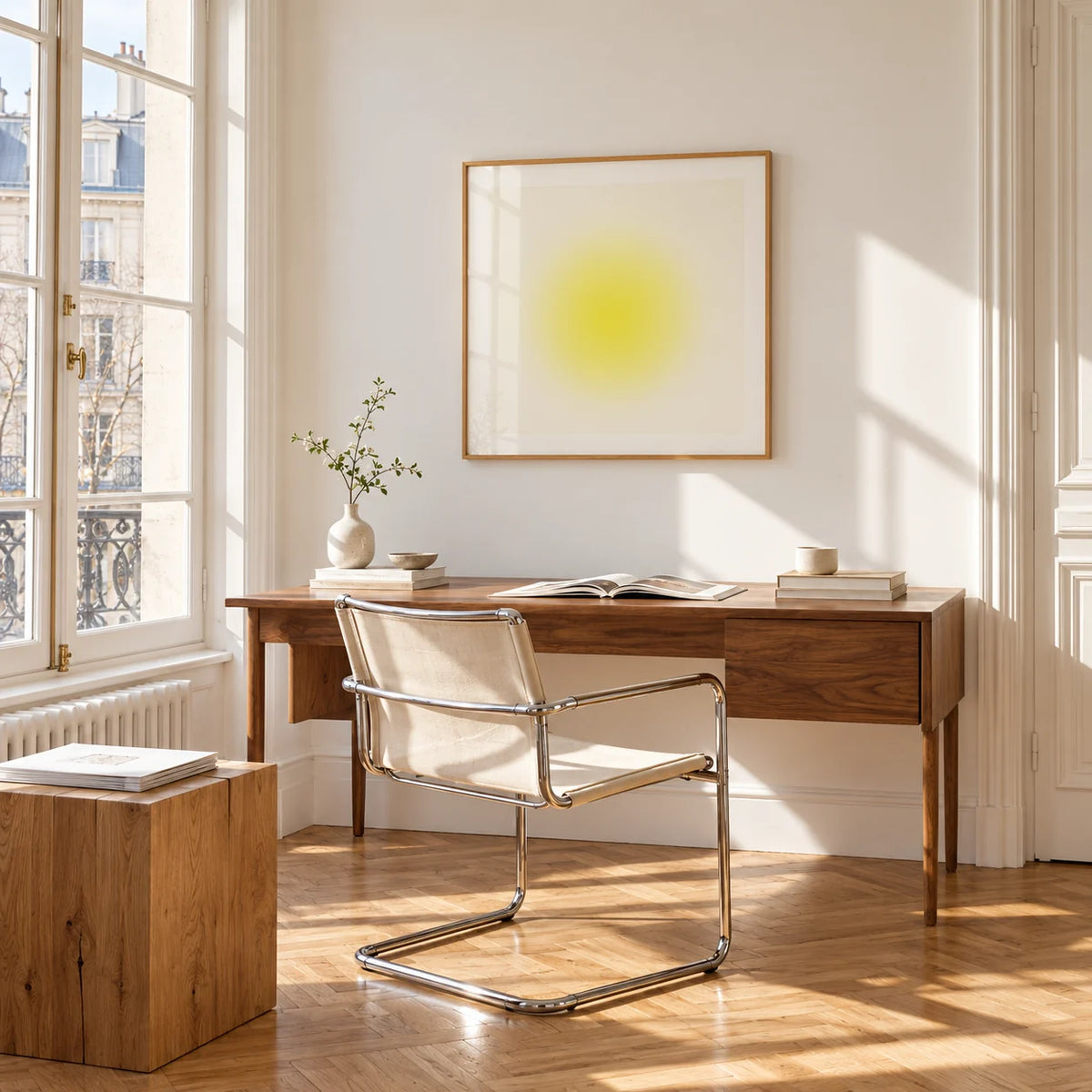Yellow Wall Art, framed on the wall of a bright study corner with a tall white paned window