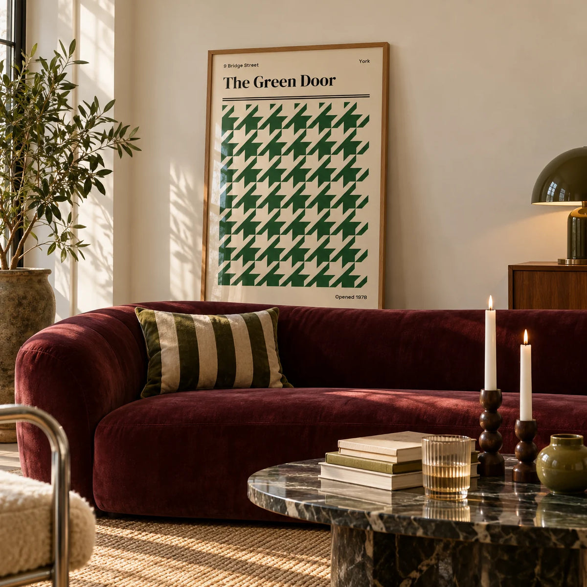York Poster, framed on the wall of a calm living room with a warm white wall