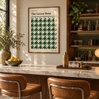 York Poster, framed on the wall of a stylish home bar in a living room