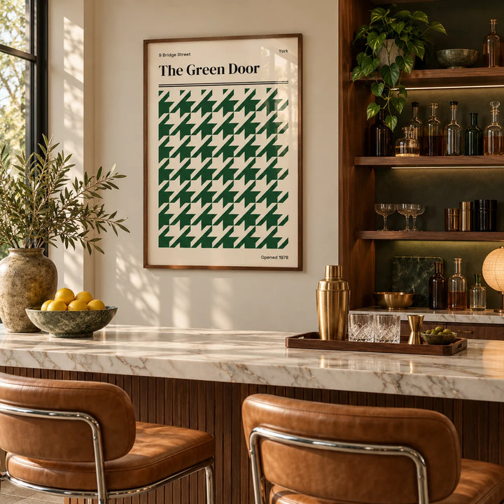 York Poster, framed on the wall of a stylish home bar in a living room
