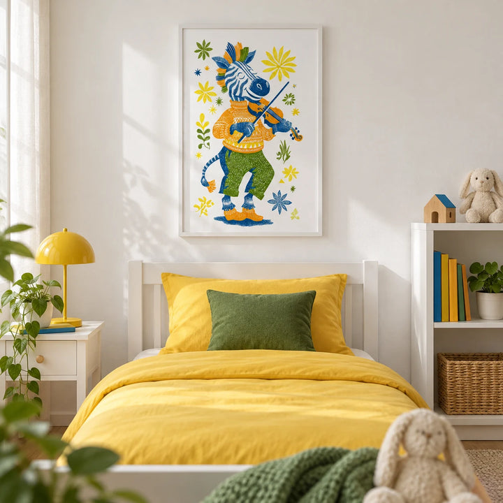 Zebra Playing Violin Poster, framed on the wall of a little girl's bedroom with a white wall