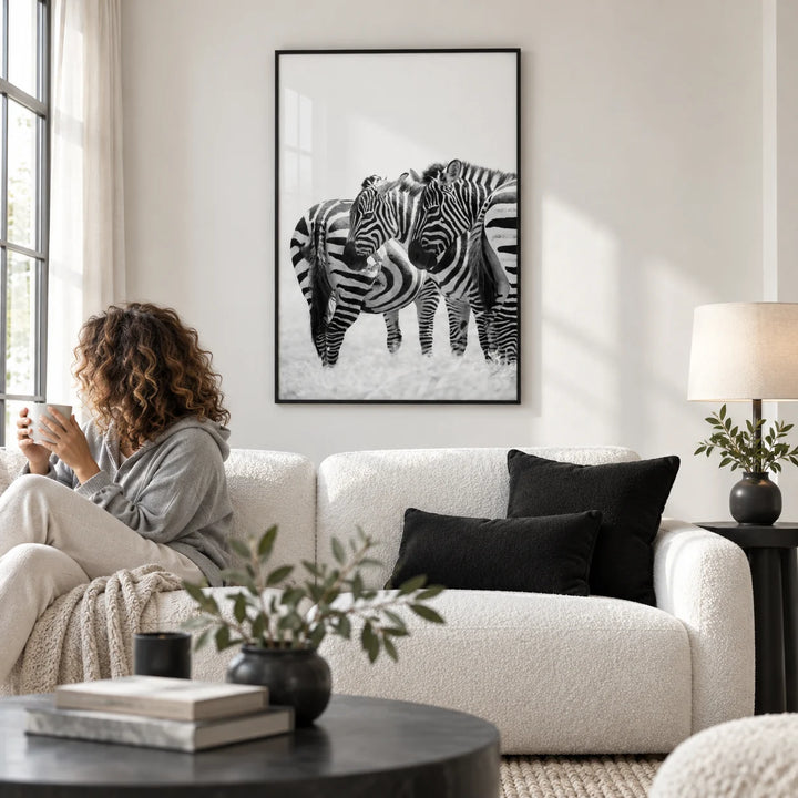 Zebra Wall Art, framed on the wall of a bright white living room