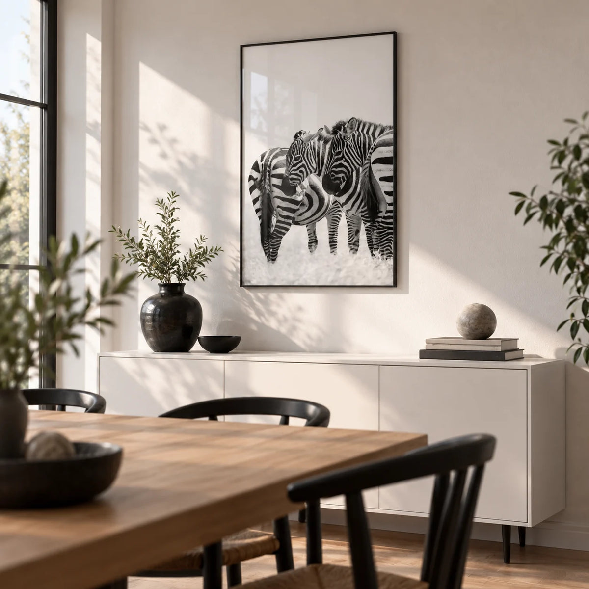 Zebra Wall Art, framed on the wall of a modern dining room