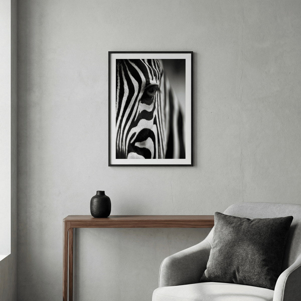 Wildlife Photography Poster of a zebra close-up with black and white stripes in a minimalist living room with a black vase on a wooden table