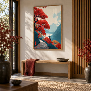 Zen Mountain Poster, framed on the wall of a calm Japanese-style entryway