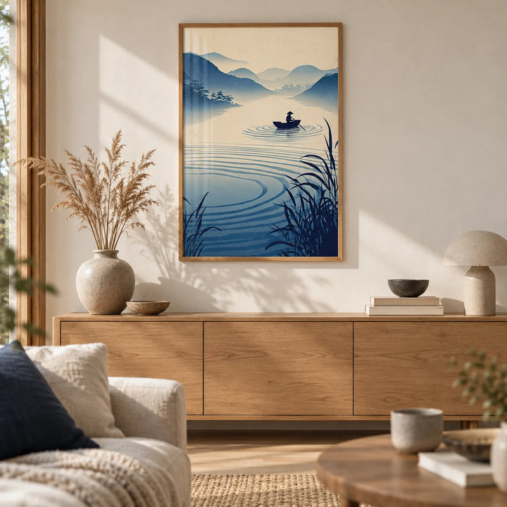 Zen River Art Print, framed on the wall of a calm Japandi living room