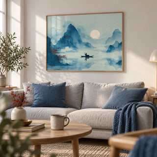 Zen Wall Art Print, framed on the wall of a calm Scandinavian living room
