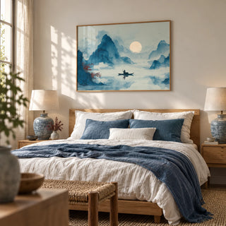 Zen Wall Art Print, framed on the wall of a serene bedroom