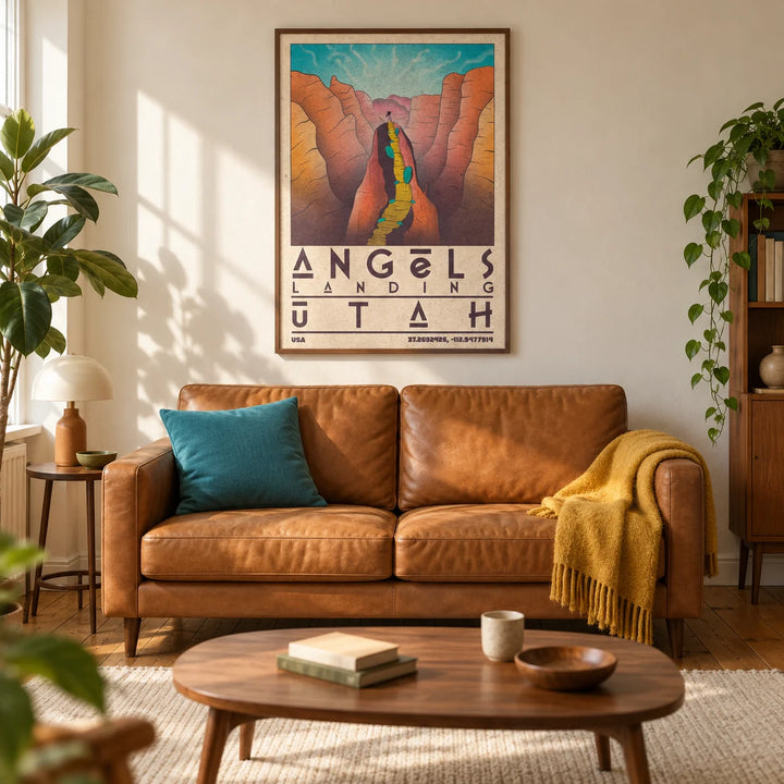 Zion National Park Art, framed on the wall of a warm mid-century living room in a UK terraced house with cream plaster walls and restored wooden floorboards