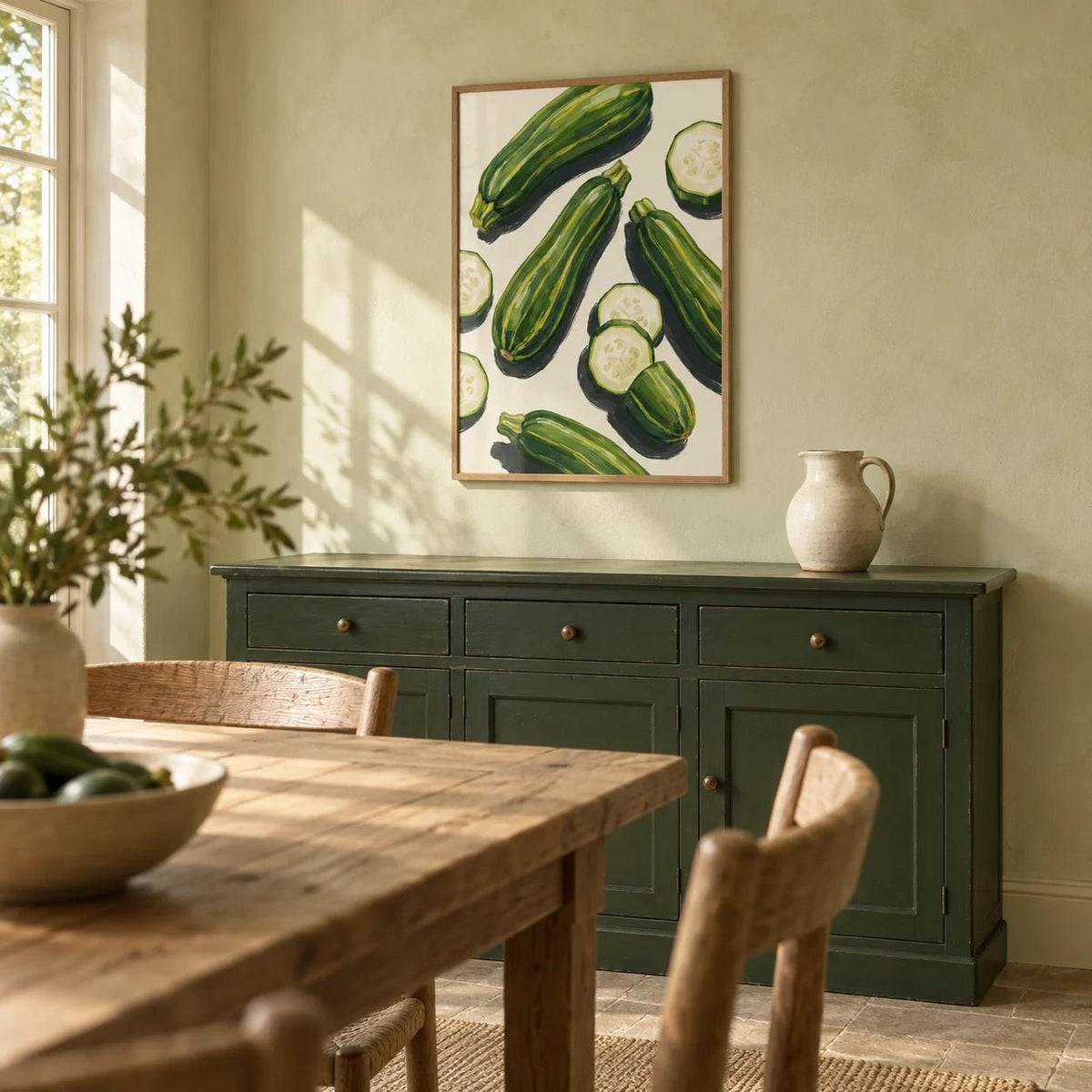 Zucchini Wall Art, framed on the wall of a farmhouse-modern dining room