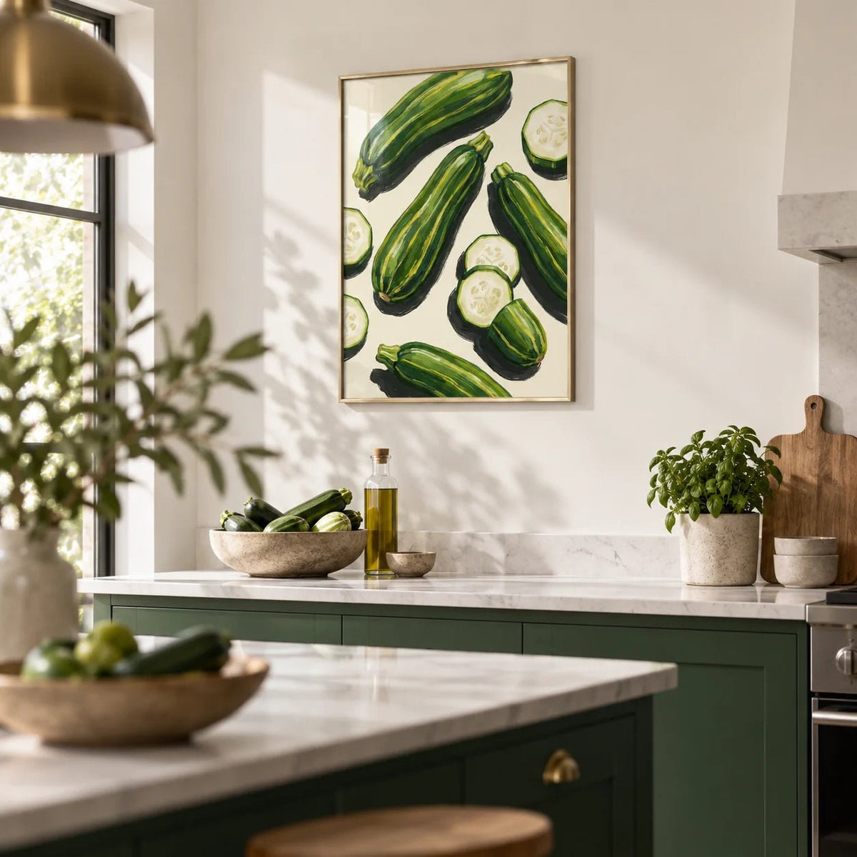 Zucchini Wall Art, framed on the wall of a modern kitchen with a solid deep courgette green painted island