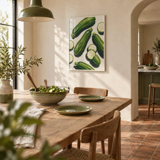 Zucchini Wall Art, framed on the wall of a open kitchen-diner with a terracotta floor