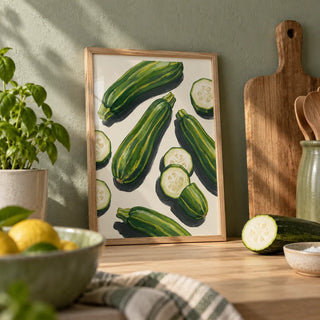 Zucchini Wall Art, a small A4 framed print leaning on a pale oak worktop in a kitchen